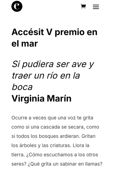Página del accésit del V premio En el Mar para el poemario Si pudiera ser ave y traer un río en la boca